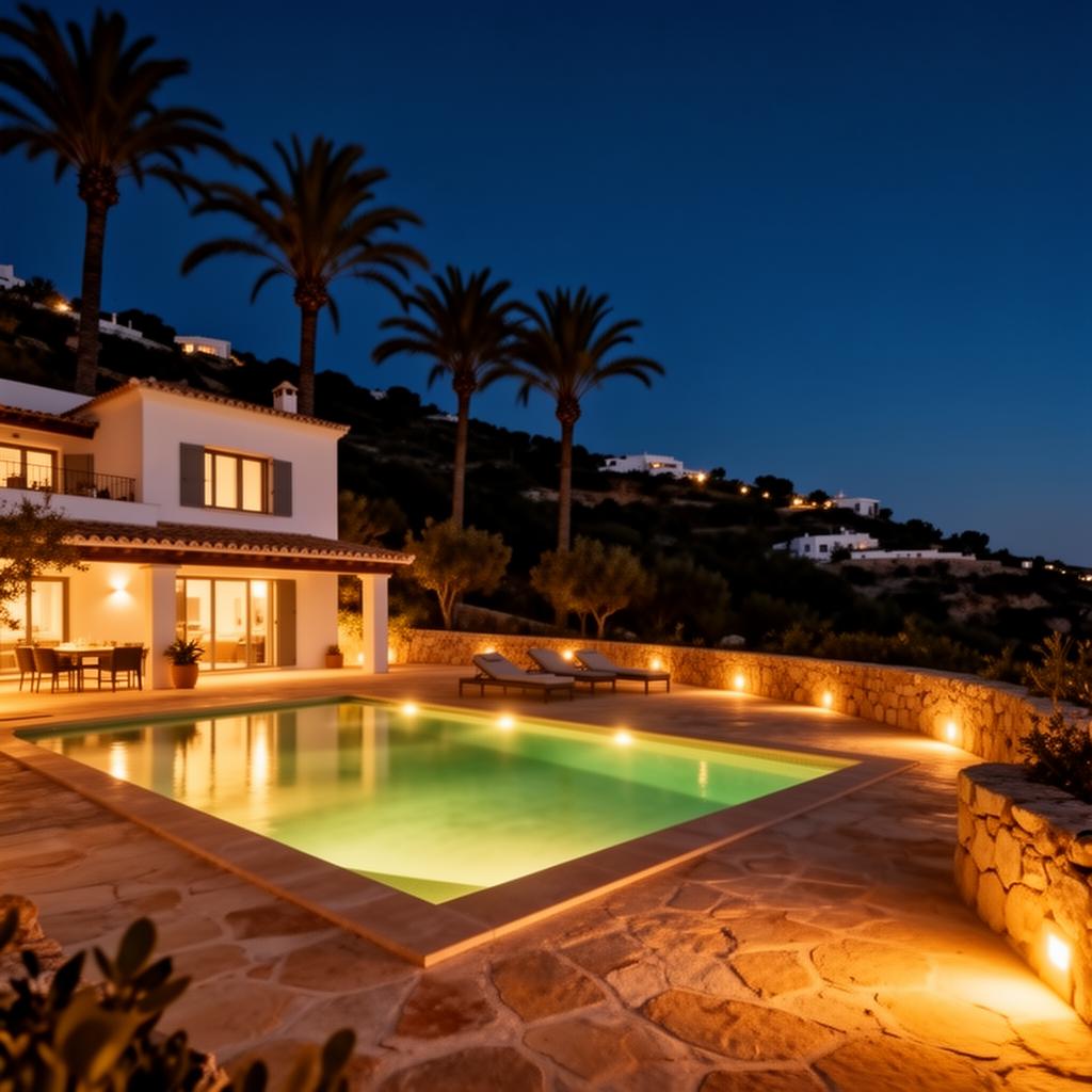 Villa terrace and pool illuminated at night with Mediterranean ambiance